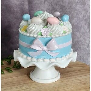 Pastel Easter Faux Mini Cake Figurine‎ Eggs Bow Tabletop Decor 5" Pedestal NEW
